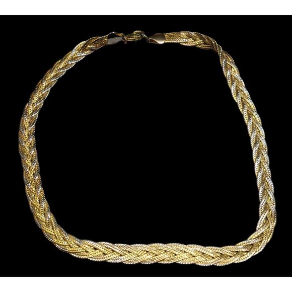 Vintage Elegant Gold Tone Braided Chain Necklace With Siler Tone Highlights - Picture 1 of 5